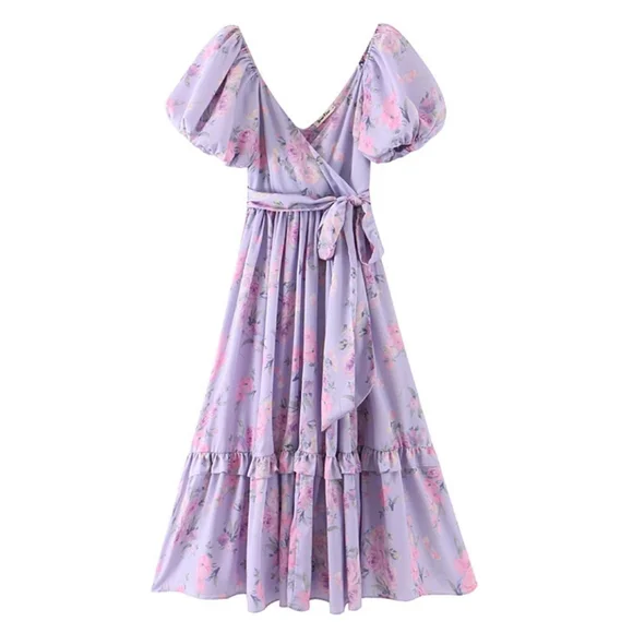 Lilac Floral Puff Sleeve High Waist Surplice Maxi Dress with Bow - Picture 6 of 16